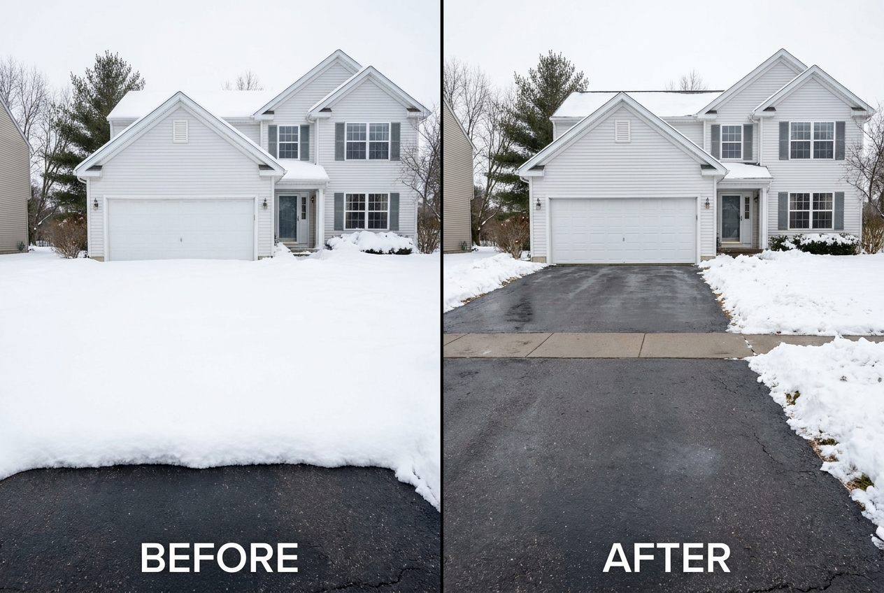 House driveway snow removal before and after